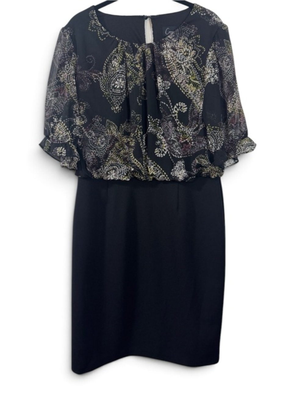 Connected Women's Chiffon-Overlay Sheath Dress in Black w/ Multi Color Damask